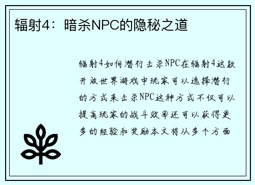 辐射4：暗杀NPC的隐秘之道